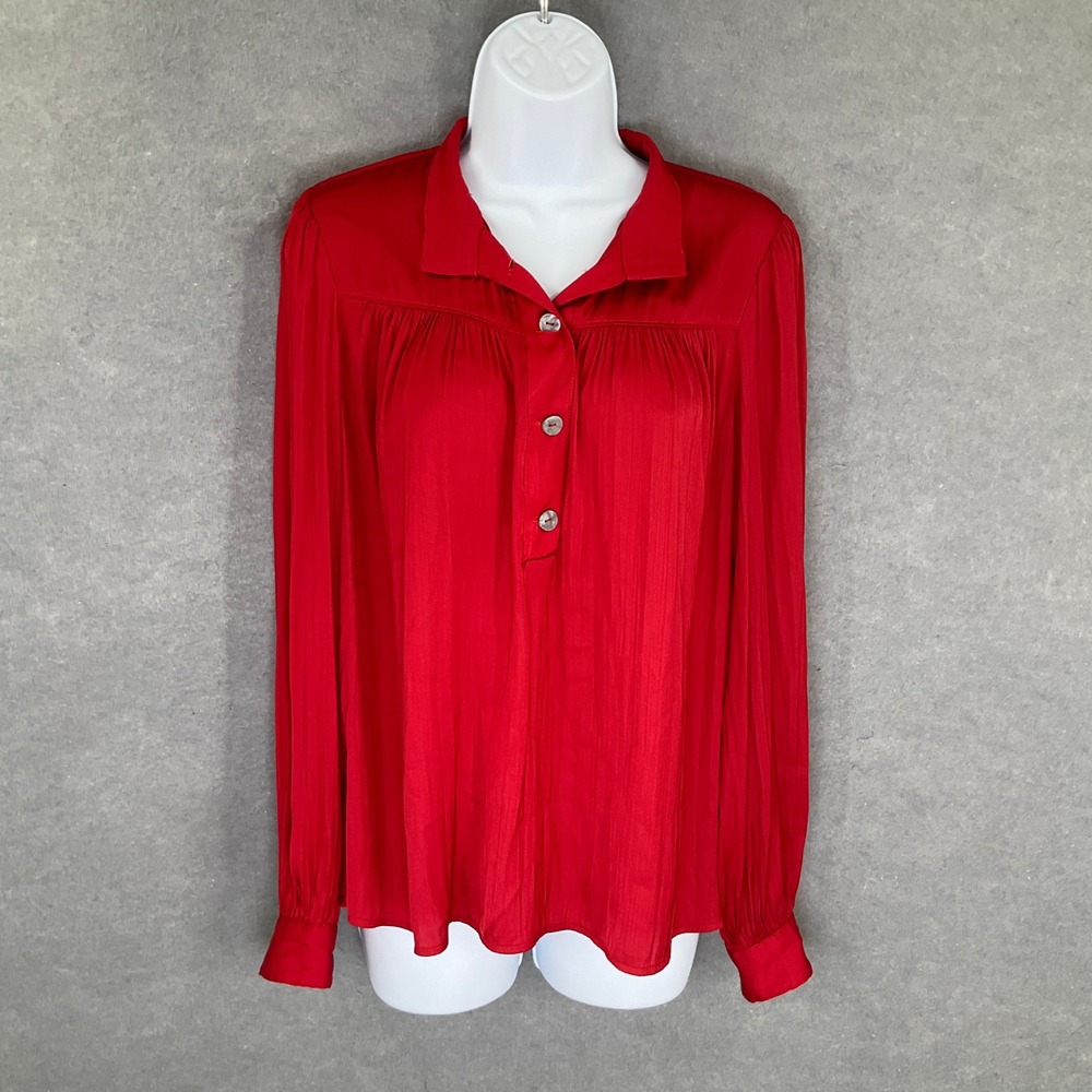Anthropologie Cherry Red Blouse Womens Sz S Long Sleeve‎ Buttons Pleated Peasant